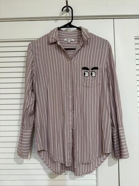 Mauve and White Striped Button-Down Shirt with Embroidered Pocket Eyes